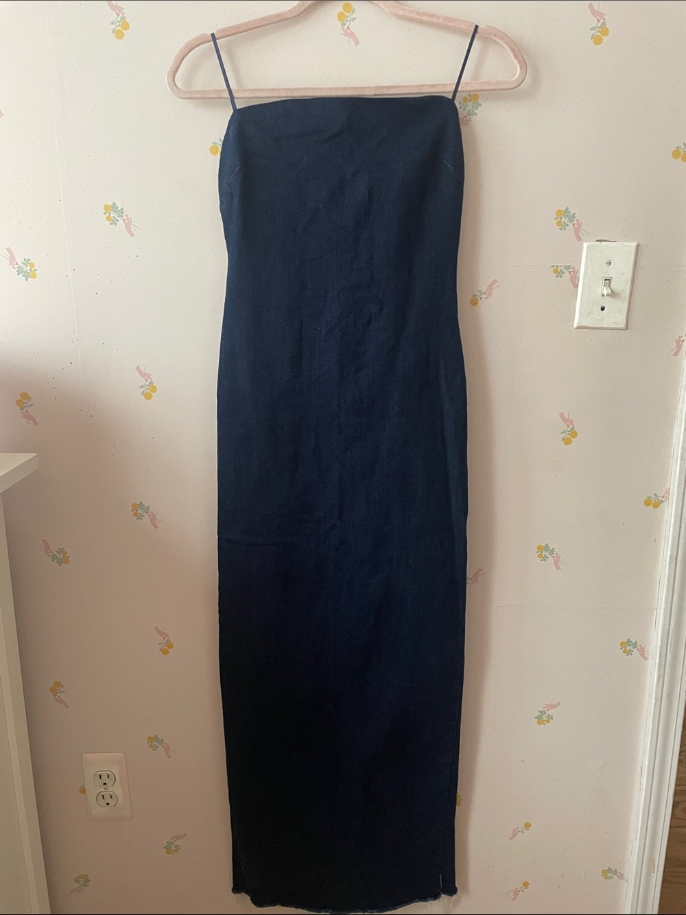 Denim Navy Blue Strapless Straight Slip Skirt